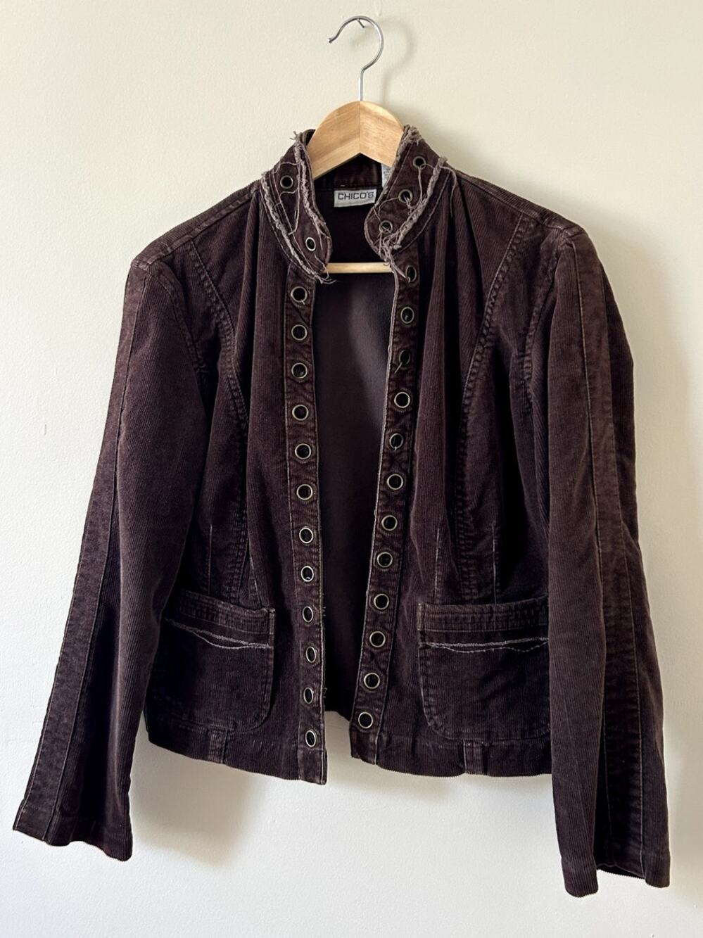 Vintage y2k Chico's Boho Chocolate Brown Corduroy Jacket Coin Buttons Women's 0